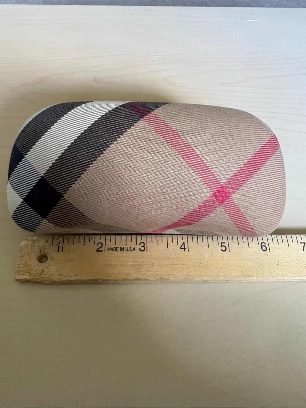 Burberry Tan Plaid Glasses Case with Pink and Black Stripes